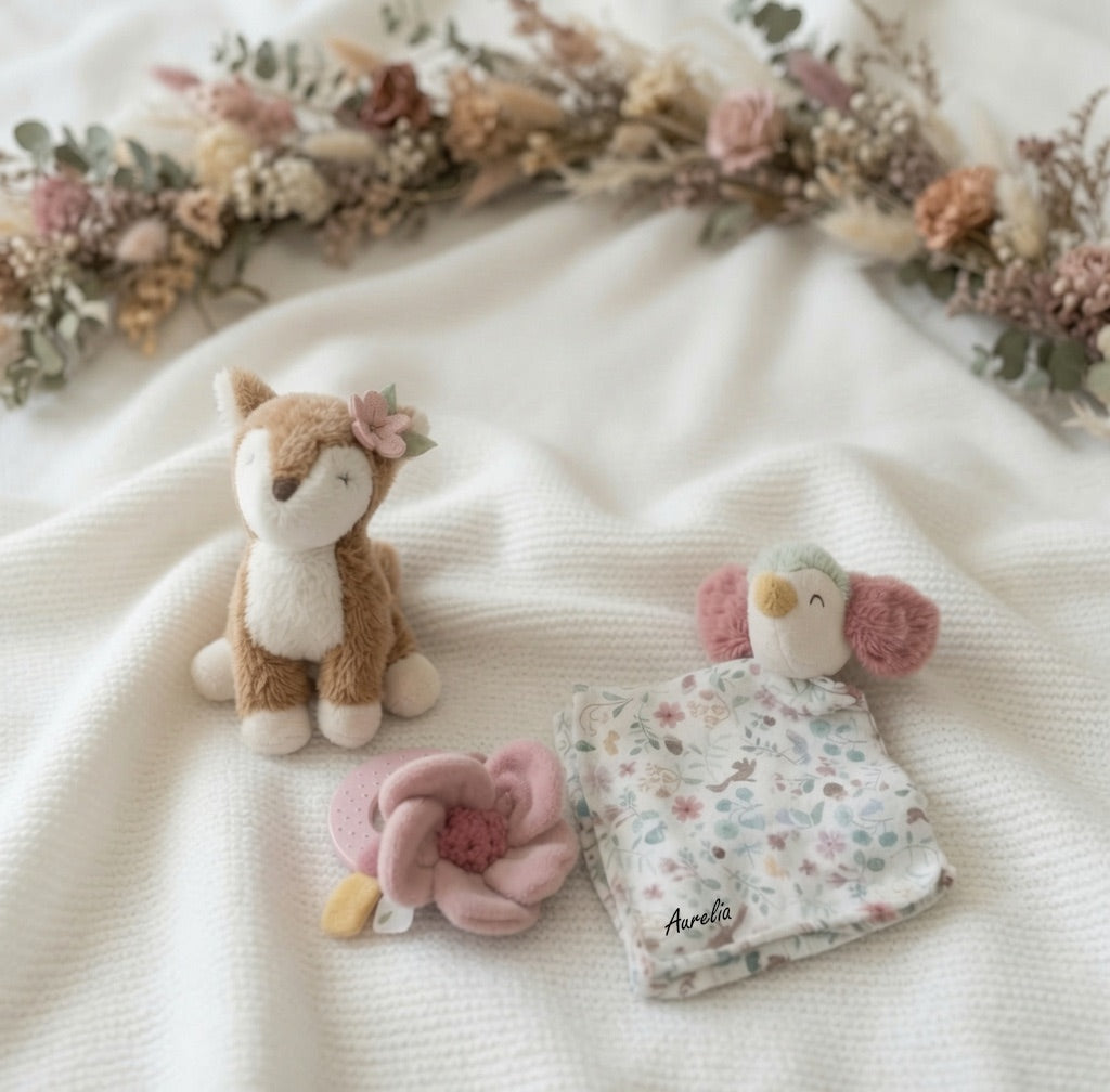 Geschenkset Blumen Reh personalisiert - Erinnerungskiste, Schmusetuch, Rassel &amp; Kuscheltier