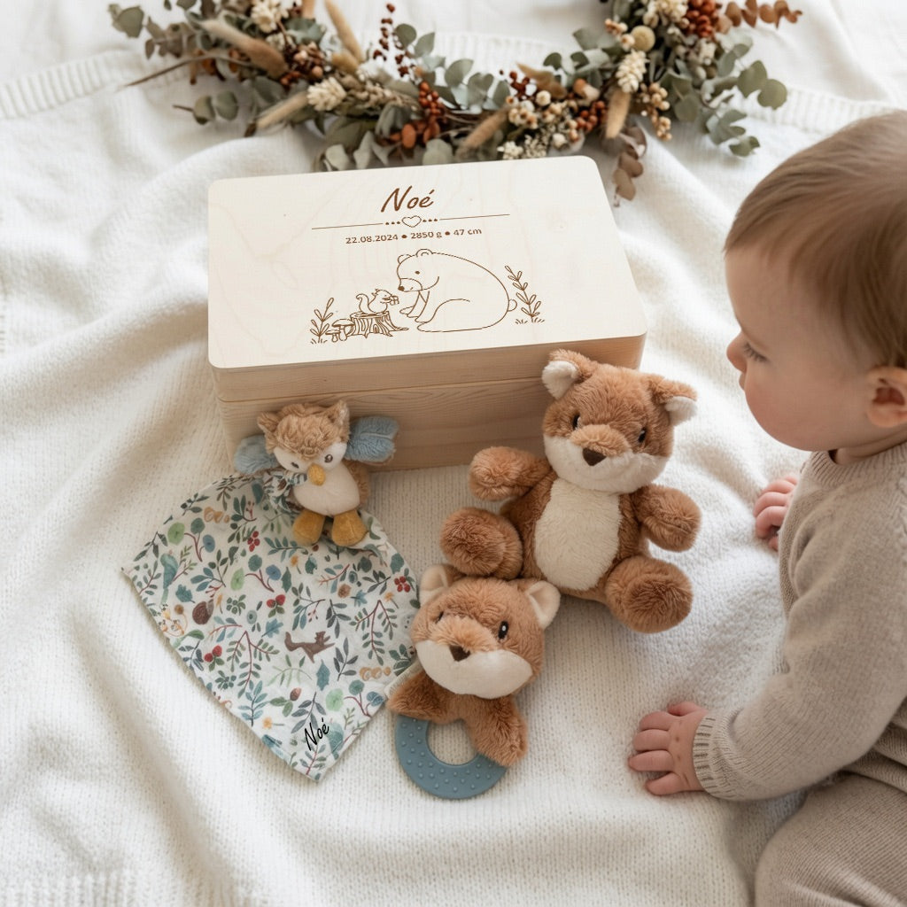 Geschenkset Waldtiere personalisiert - Erinnerungskiste, Schmusetuch, Rassel &amp; Kuscheltier