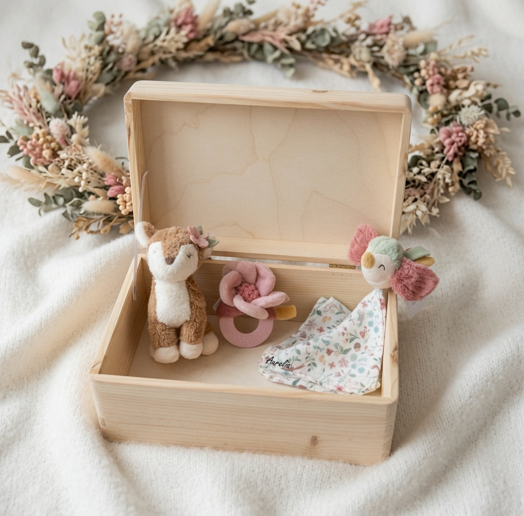Geschenkset Blumen Reh personalisiert - Erinnerungskiste, Schmusetuch, Rassel &amp; Kuscheltier