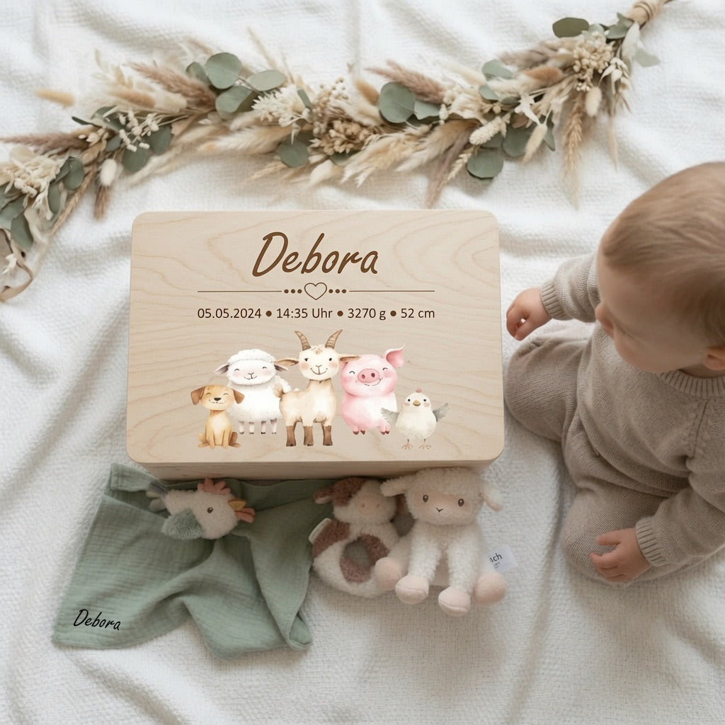 Geschenkset Bauernhof personalisiert - Erinnerungskiste, Schmusetuch, Rassel &amp; Kuscheltier