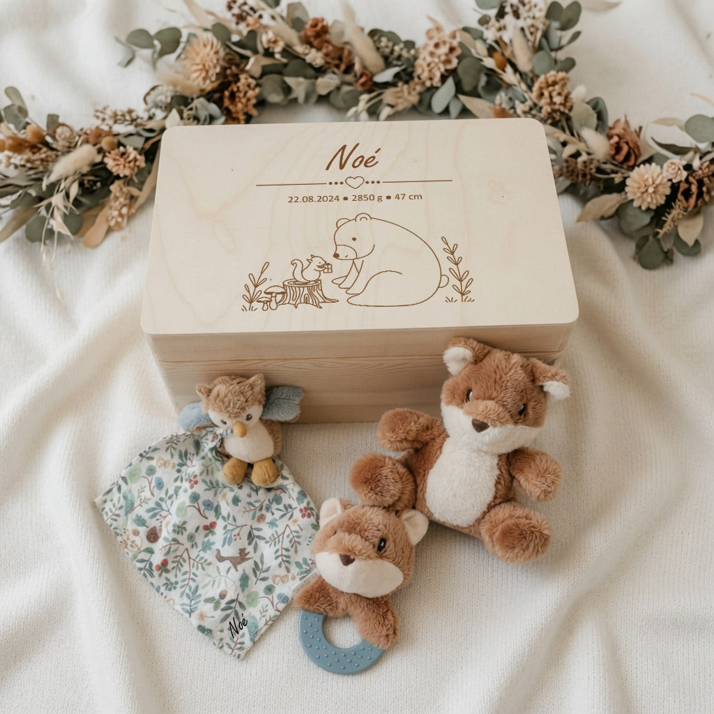 Geschenkset Waldtiere personalisiert - Erinnerungskiste, Schmusetuch, Rassel &amp; Kuscheltier