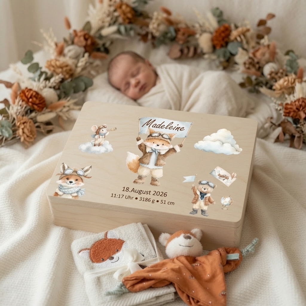 Geschenkset Erinnerungskiste, Schmusetuch und Handtuch Fuchs personalisiert