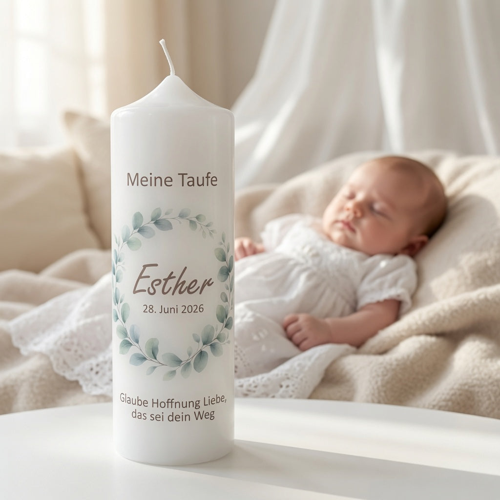 Personalisierte Taufkerze Eukalyptus Kranz