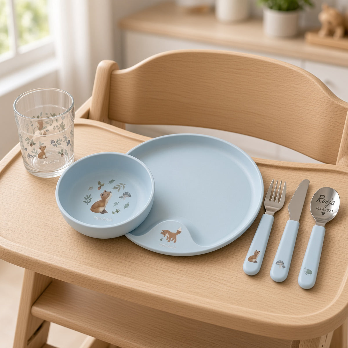 Little Dutch Kindergeschirrset personalisiert blau Fuchs