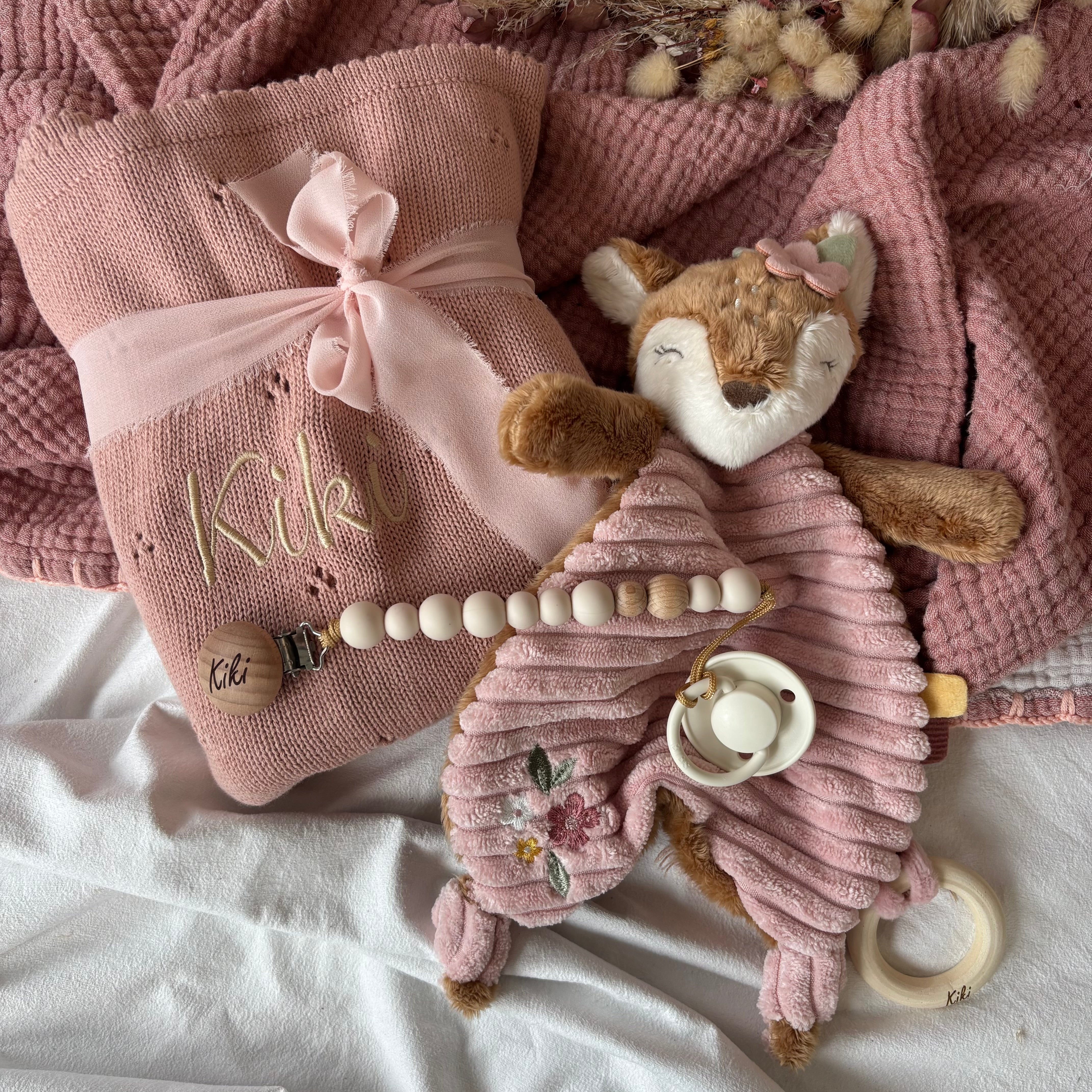 Babydecke, Schmusetuch &amp; Nuggikette Reh rosa personalisiert