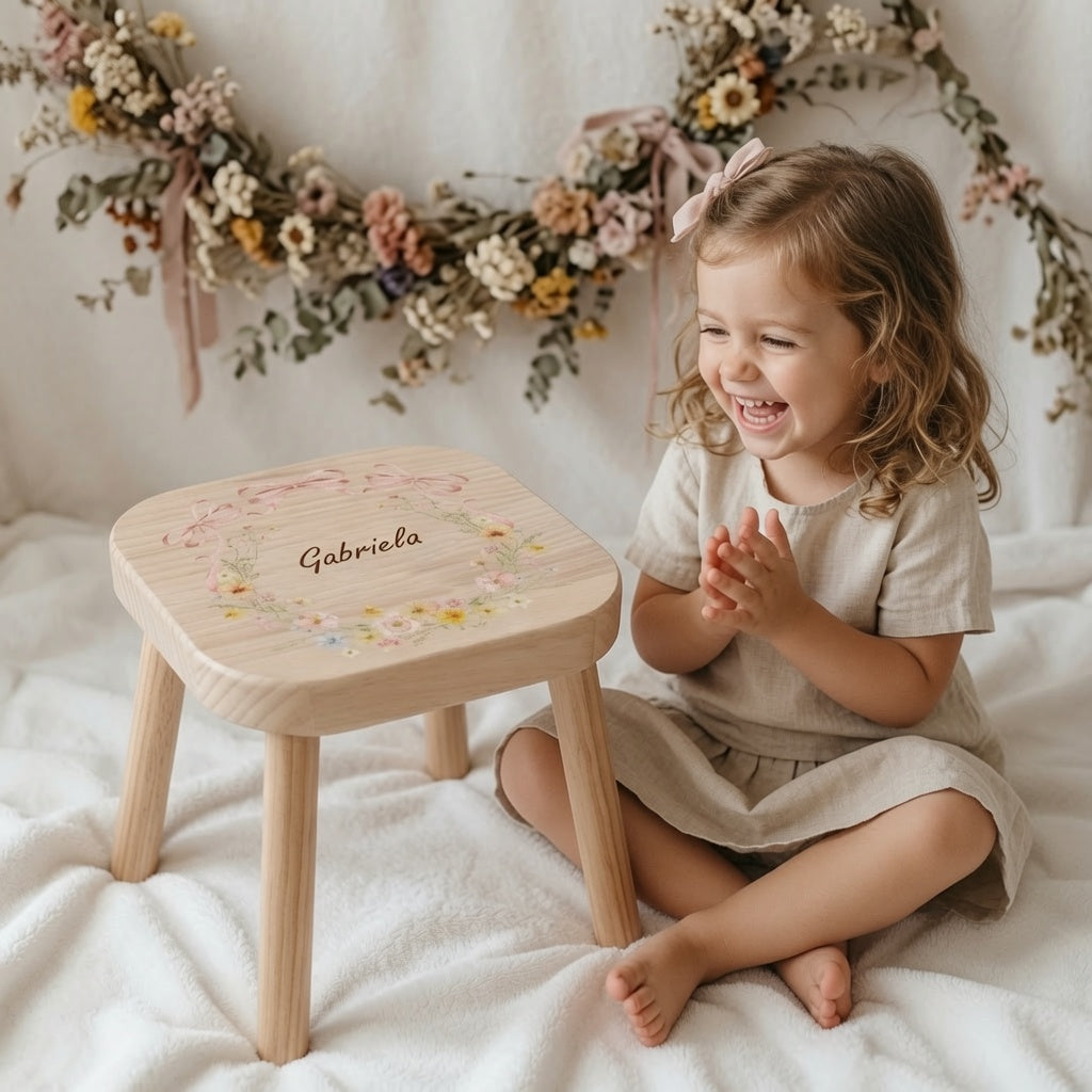 Farbiger Kinderhocker personalisiert Blumenkranz