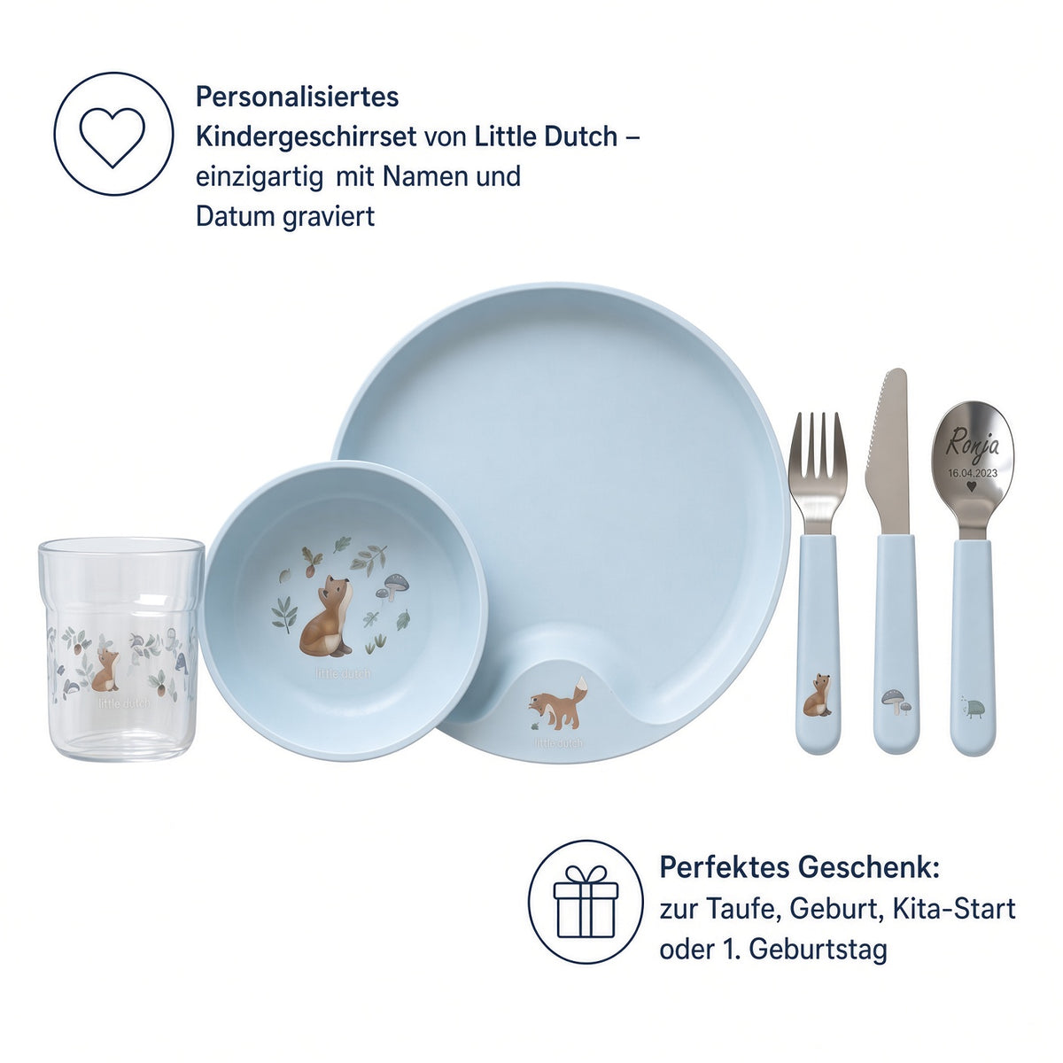 Little Dutch Kindergeschirrset personalisiert blau Fuchs