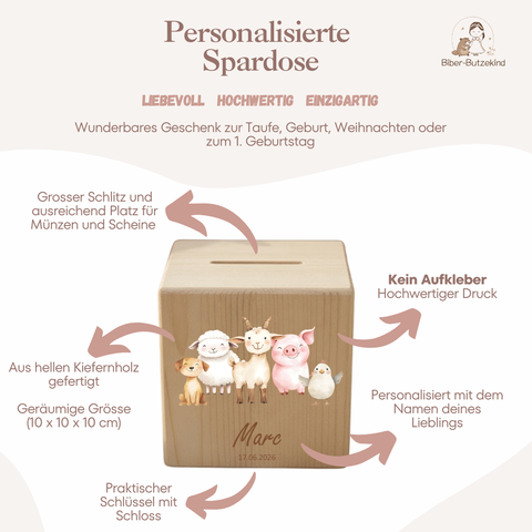 Spardose / Kässeli personalisiert Bauernhoftiere bunt