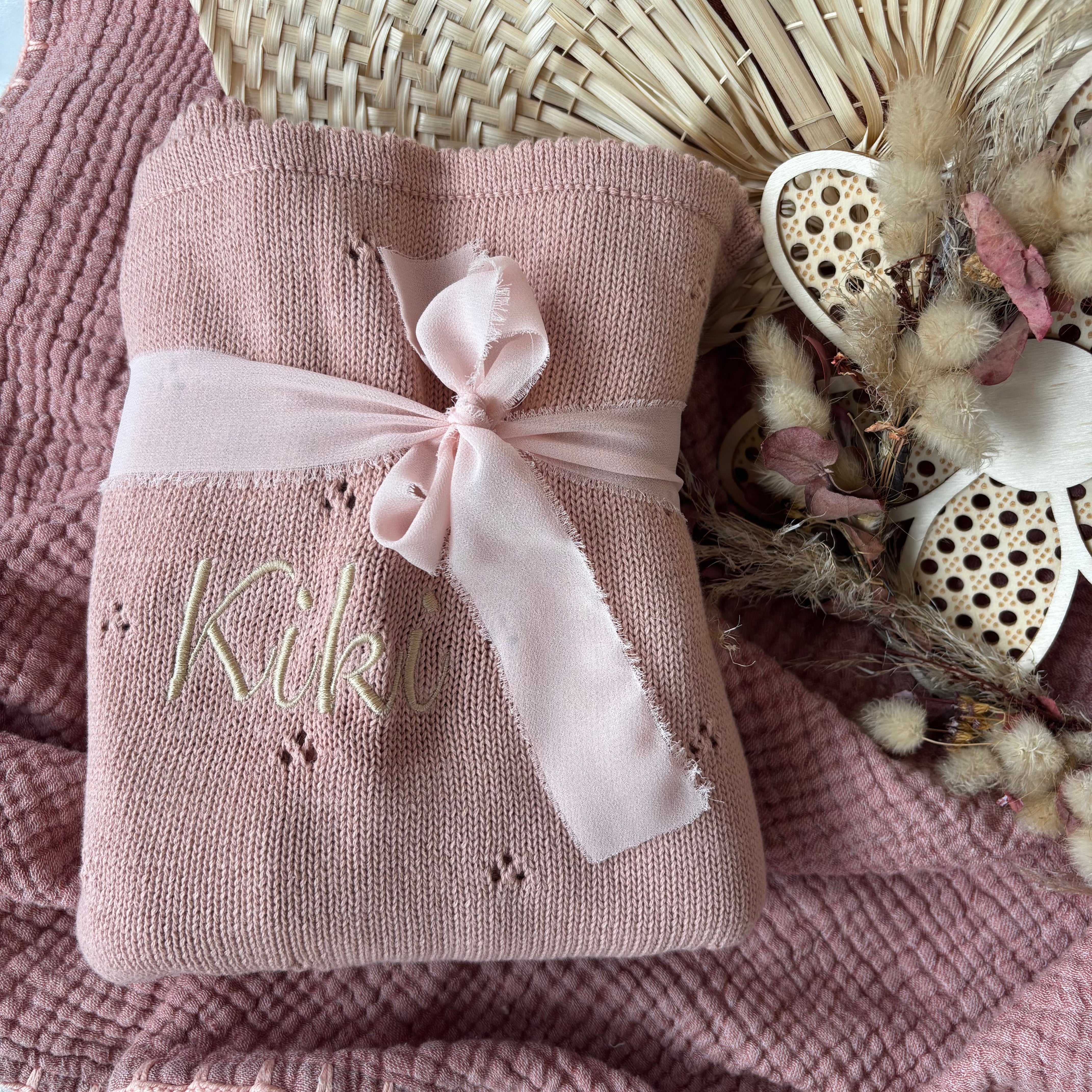 Babydecke, Schmusetuch &amp; Nuggikette Reh rosa personalisiert