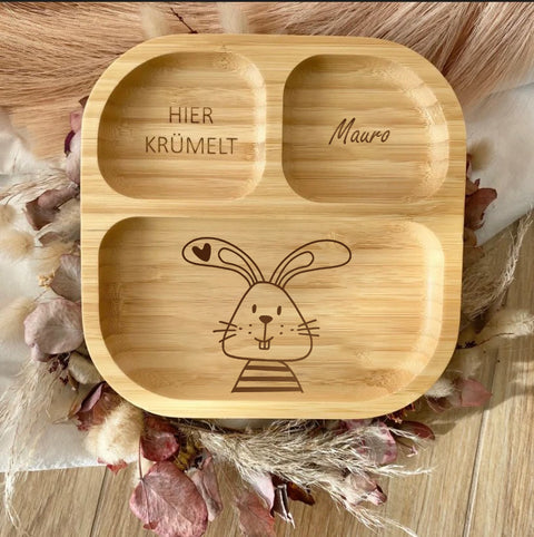Piatto per bambini in bambù personalizzato con coniglietto