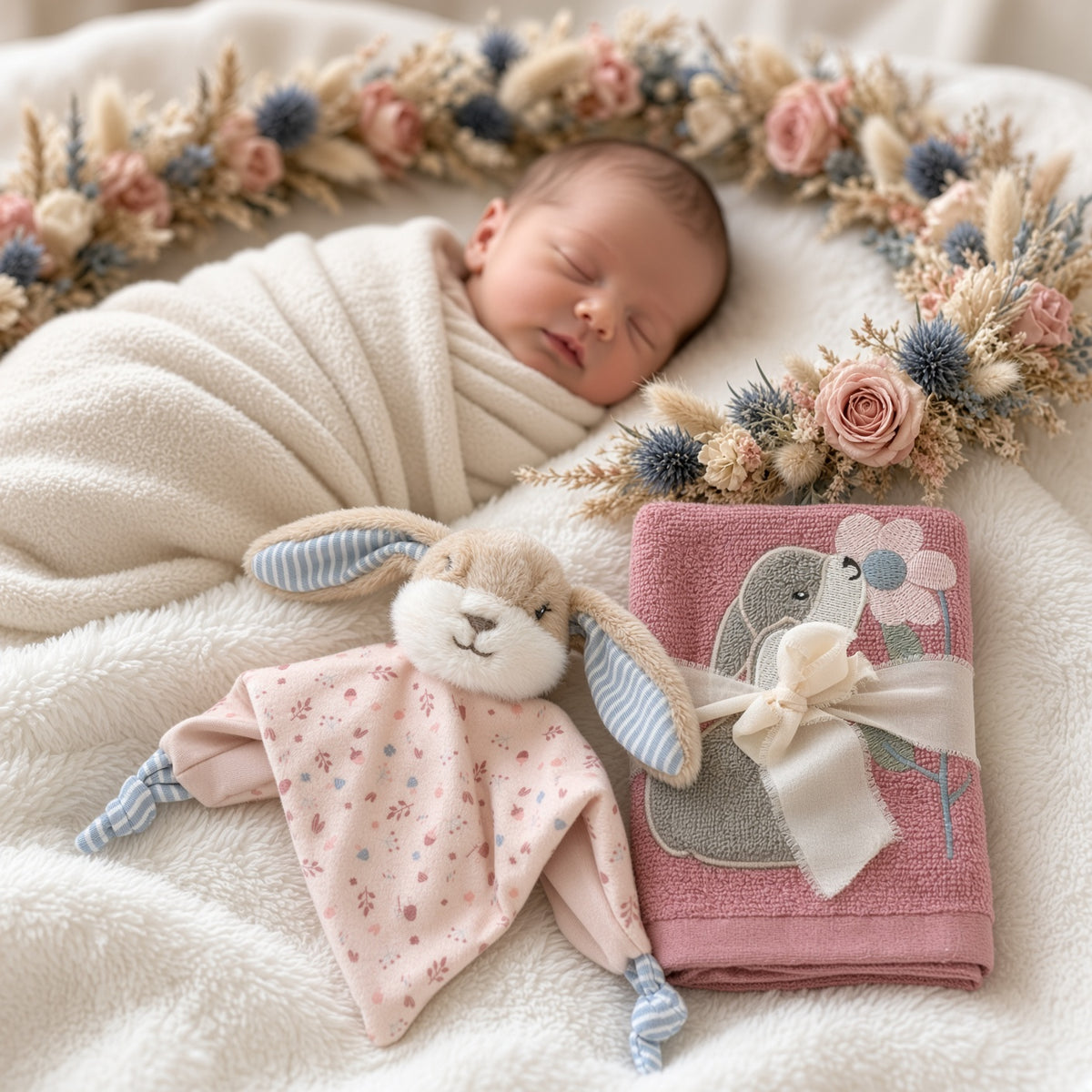 Geschenkset Erinnerungskiste, Schmusetuch und Handtuch Hase personalisiert