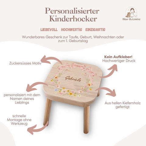 Sgabello colorato per bambini personalizzato con ghirlanda di fiori