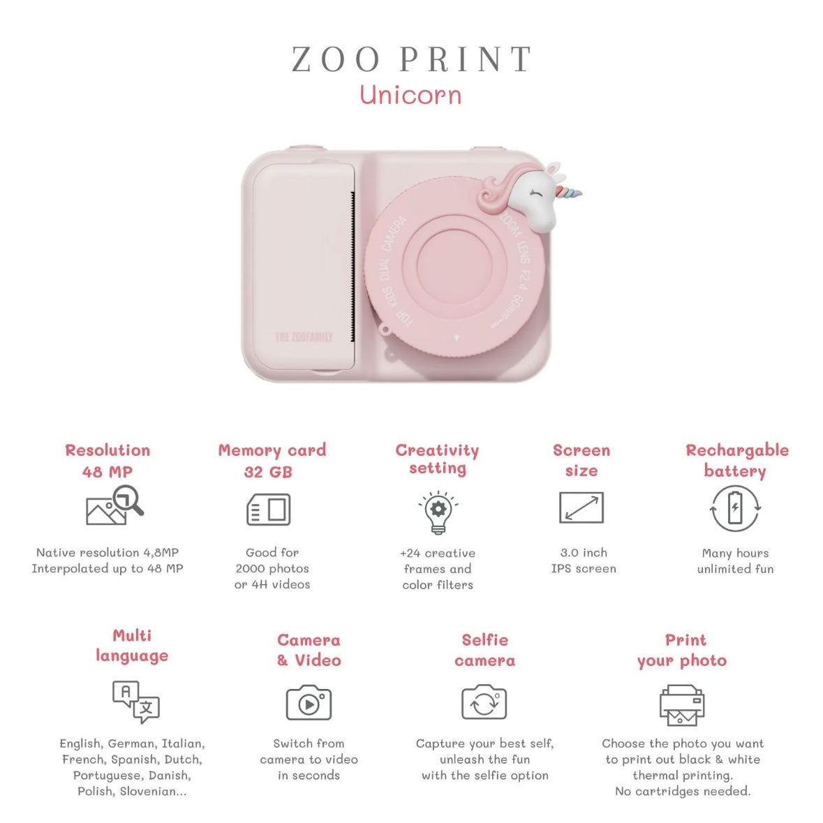 Kinder-Kamera P2 Zoo Print Einhorn mit Sofortdruck