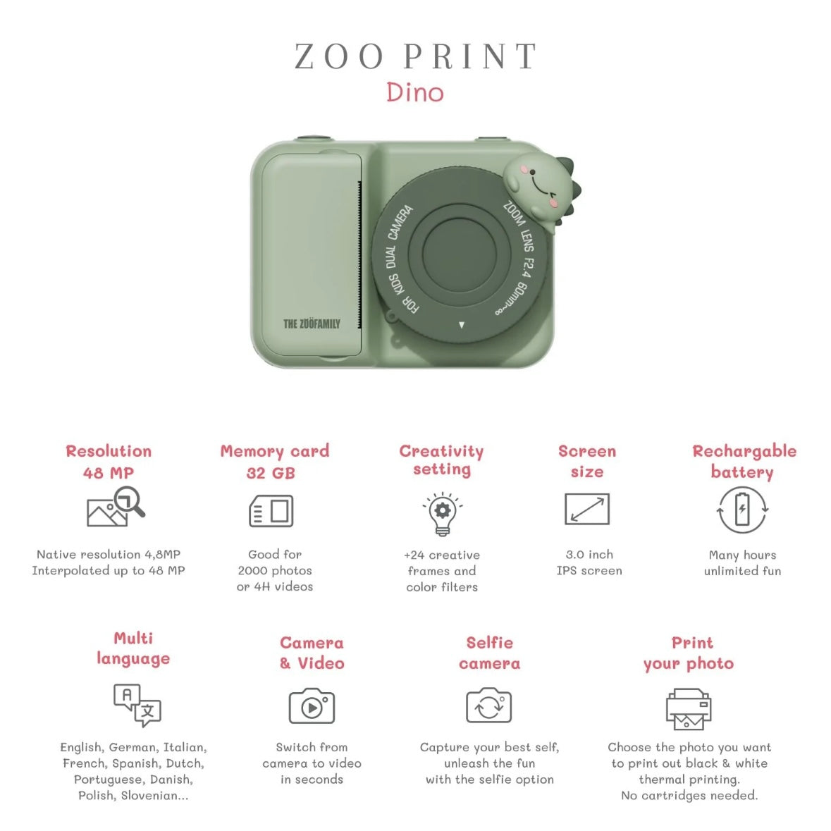 Kinder-Kamera P2 Zoo Print Dino mit Sofortdruck