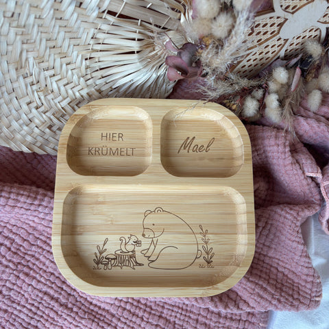 Bambus Kinderteller personalisiert Eichhörnchen und Bär