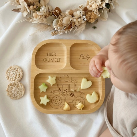Bambus Kinderteller personalisiert Traktor