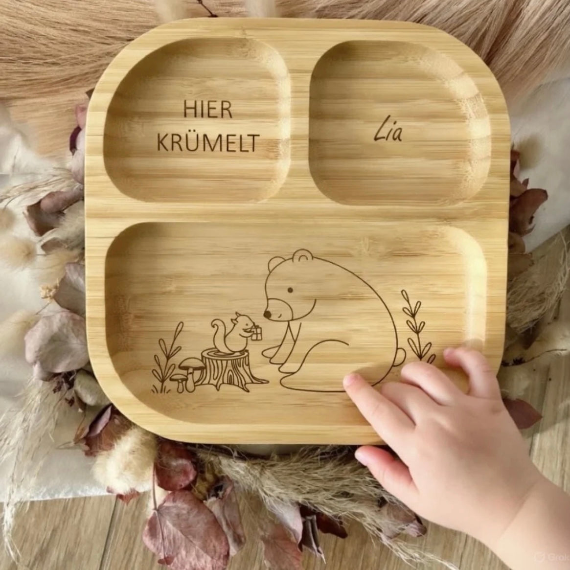 Personalisiertes Kindergeschirr-Set - Kinderbesteck und Bambus-Teller Wald Tiere