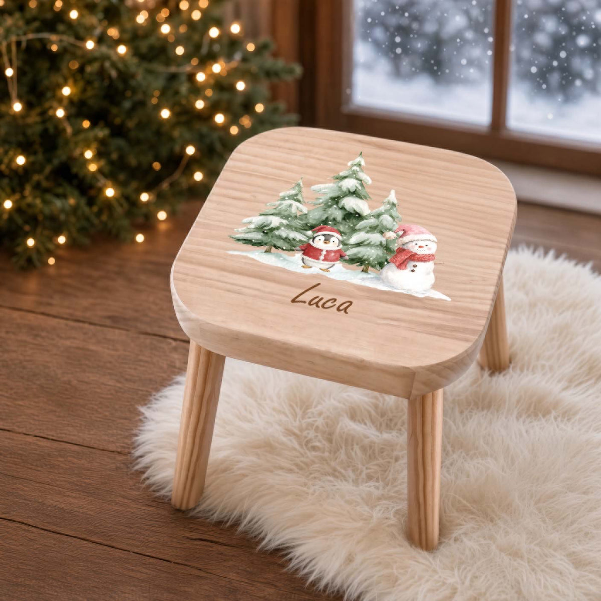 Farbiger Kinderhocker personalisiert Pinguin, Schneemann Weihnachtskollektion
