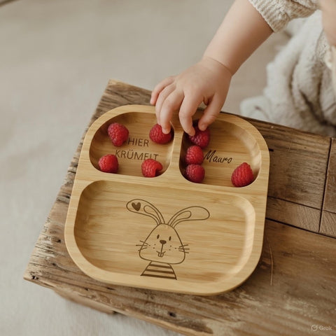 Piatto per bambini in bambù personalizzato con coniglietto