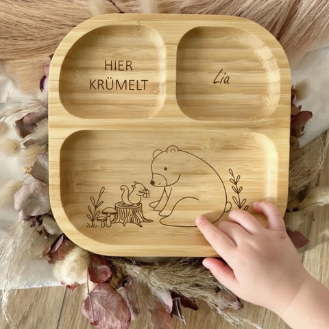Piatto per bambini in bambù personalizzato con scoiattolo e orso