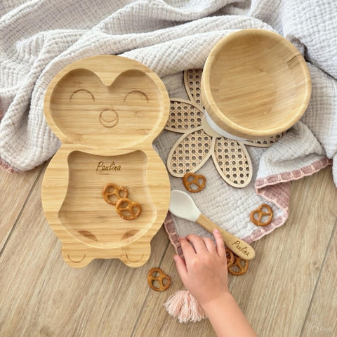 Set di stoviglie per bambini in bambù "Pinguino"