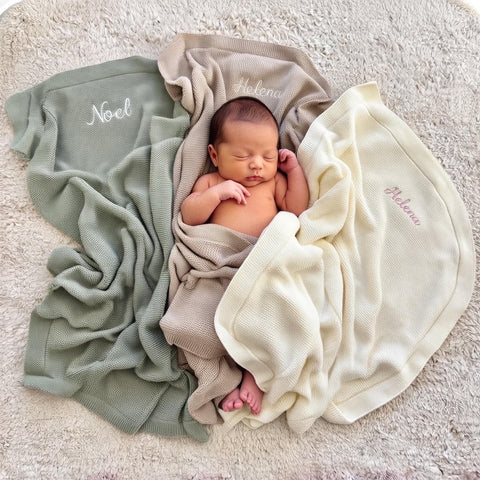 Copertina per neonati personalizzata, lavorata a maglia, beige, verde, marrone