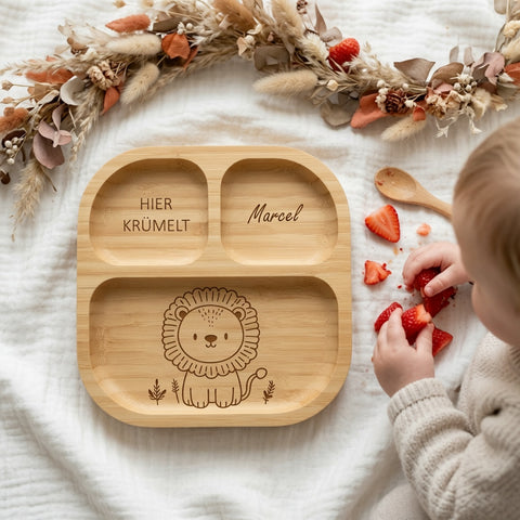 Bambus Kinderteller personalisiert Löwe