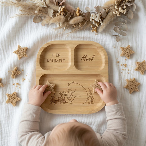 Bambus Kinderteller personalisiert Eichhörnchen und Bär