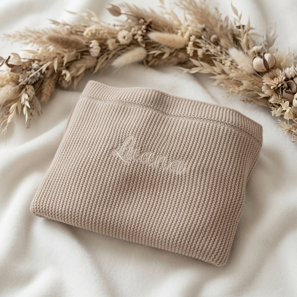 Babydecke personalisiert Strickdecke beige, grün, braun