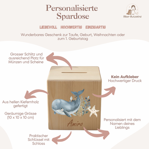 Spardose / Kässeli personalisiert Wal bunt