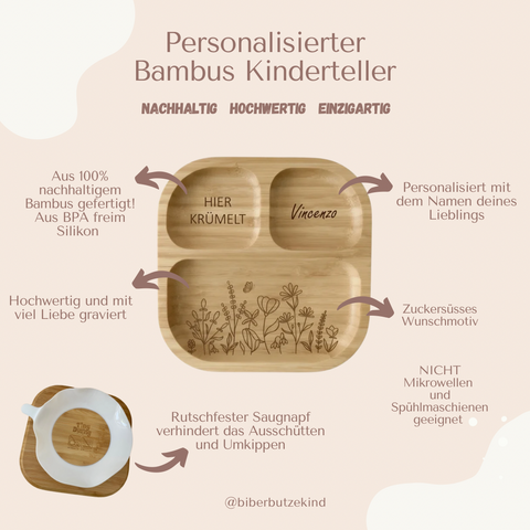 Bambus Kinderteller personalisiert Blumenwiese