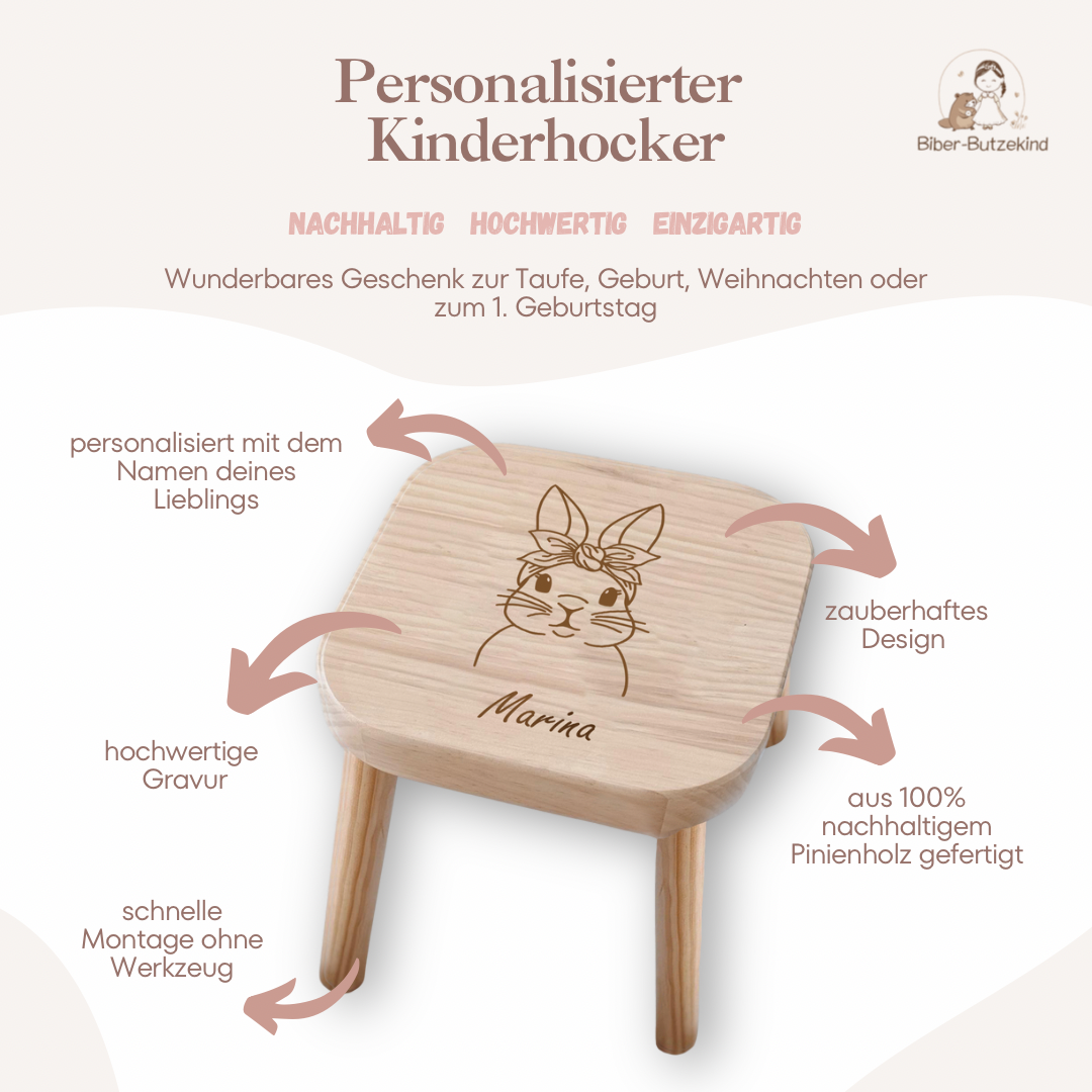 Kinderhocker Hasen Dame mit Schleife personalisiert