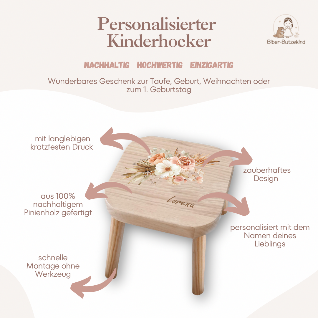 Farbiger Kinderhocker personalisiert Trockenblumen