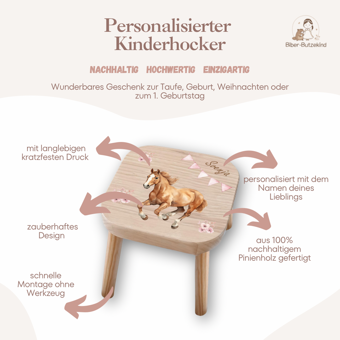 Farbiger Kinderhocker personalisiert Pferd