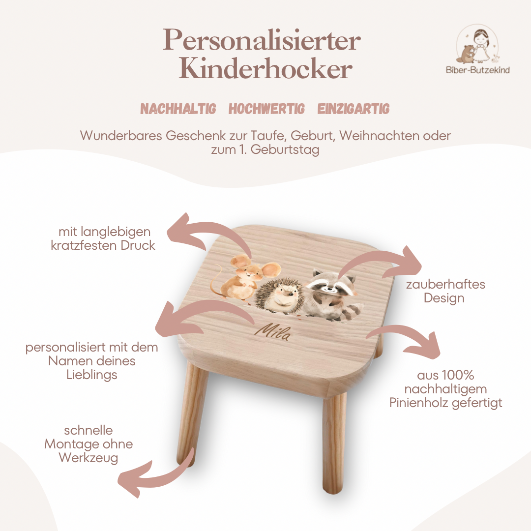 Farbiger Kinderhocker personalisiert Waldtiere