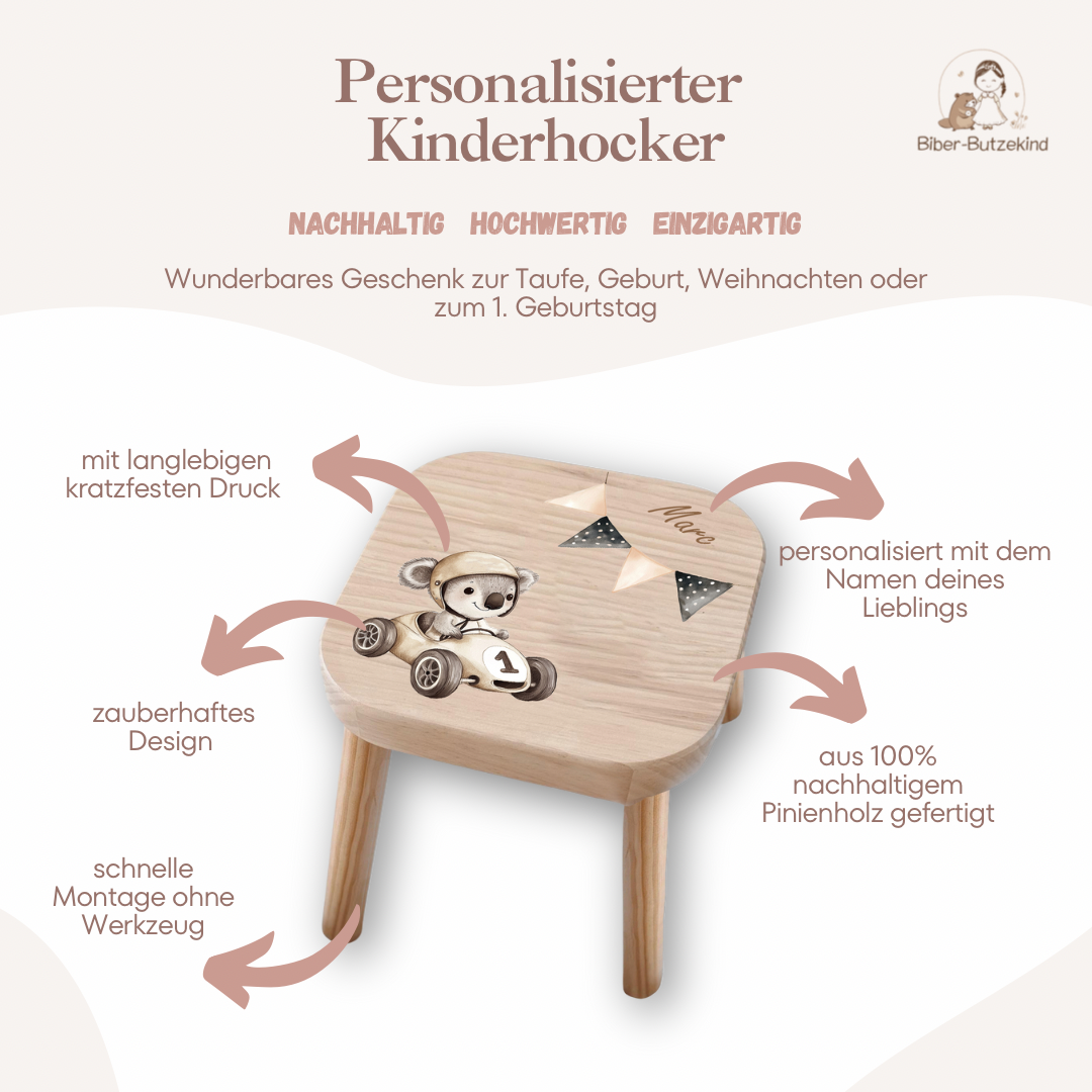 Farbiger Kinderhocker personalisiert Rennfahrer