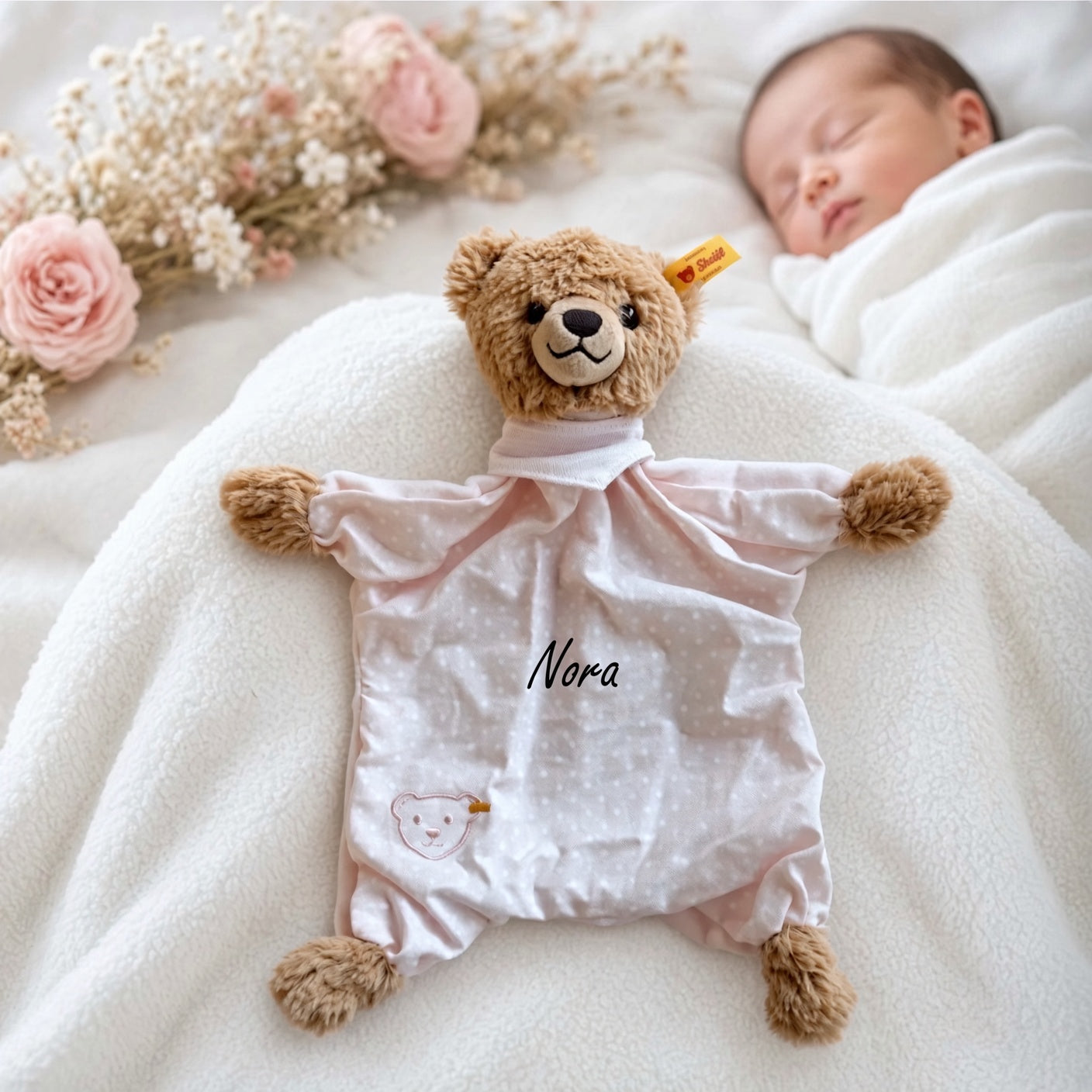 Schmusetuch Bär in rosa oder grau personalisiert von Steiff