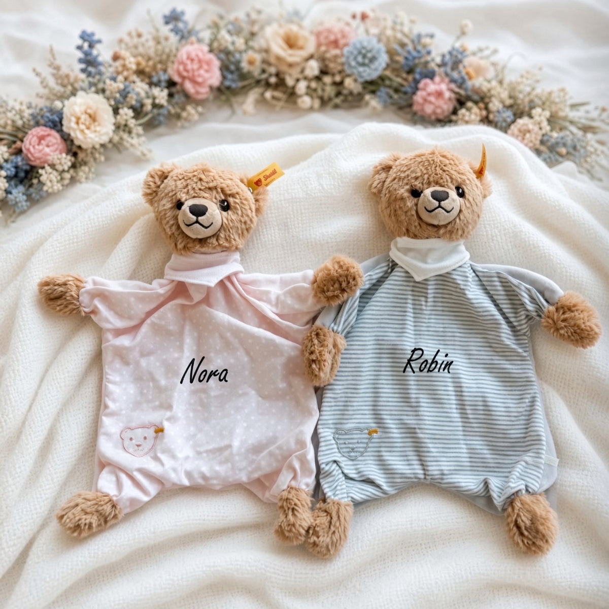 Schmusetuch Bär in rosa oder grau personalisiert von Steiff