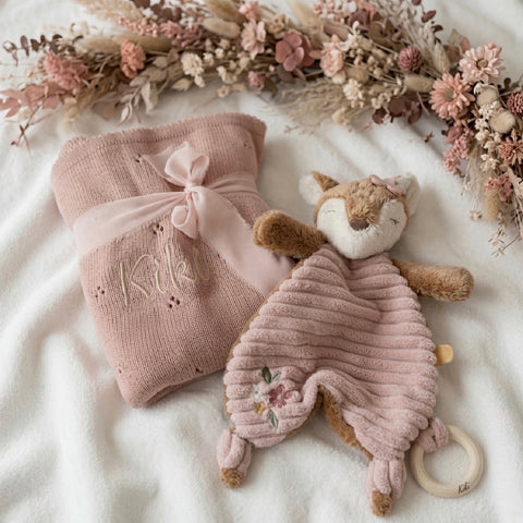Babydecke und Schmusetuch, Reh rosa personalisiert