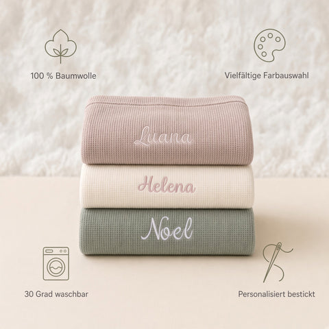 Babydecke personalisiert Strickdecke beige, grün, braun
