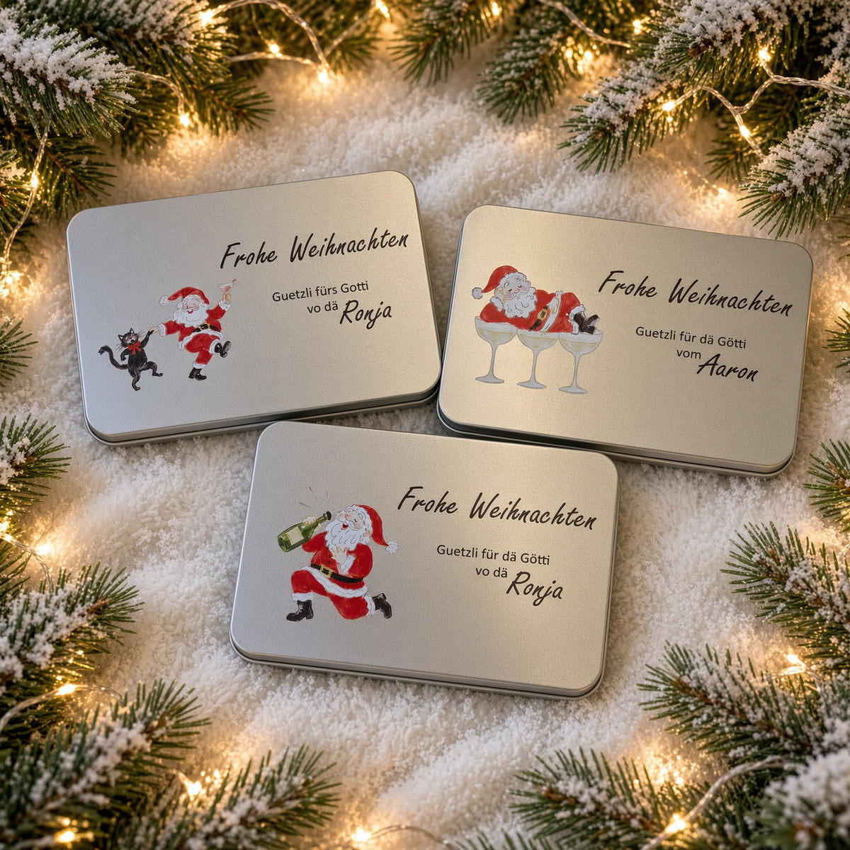 Guetzlidose «Frohe Weihnachten» Samichlaus – personalisiert für Götti & Gotti