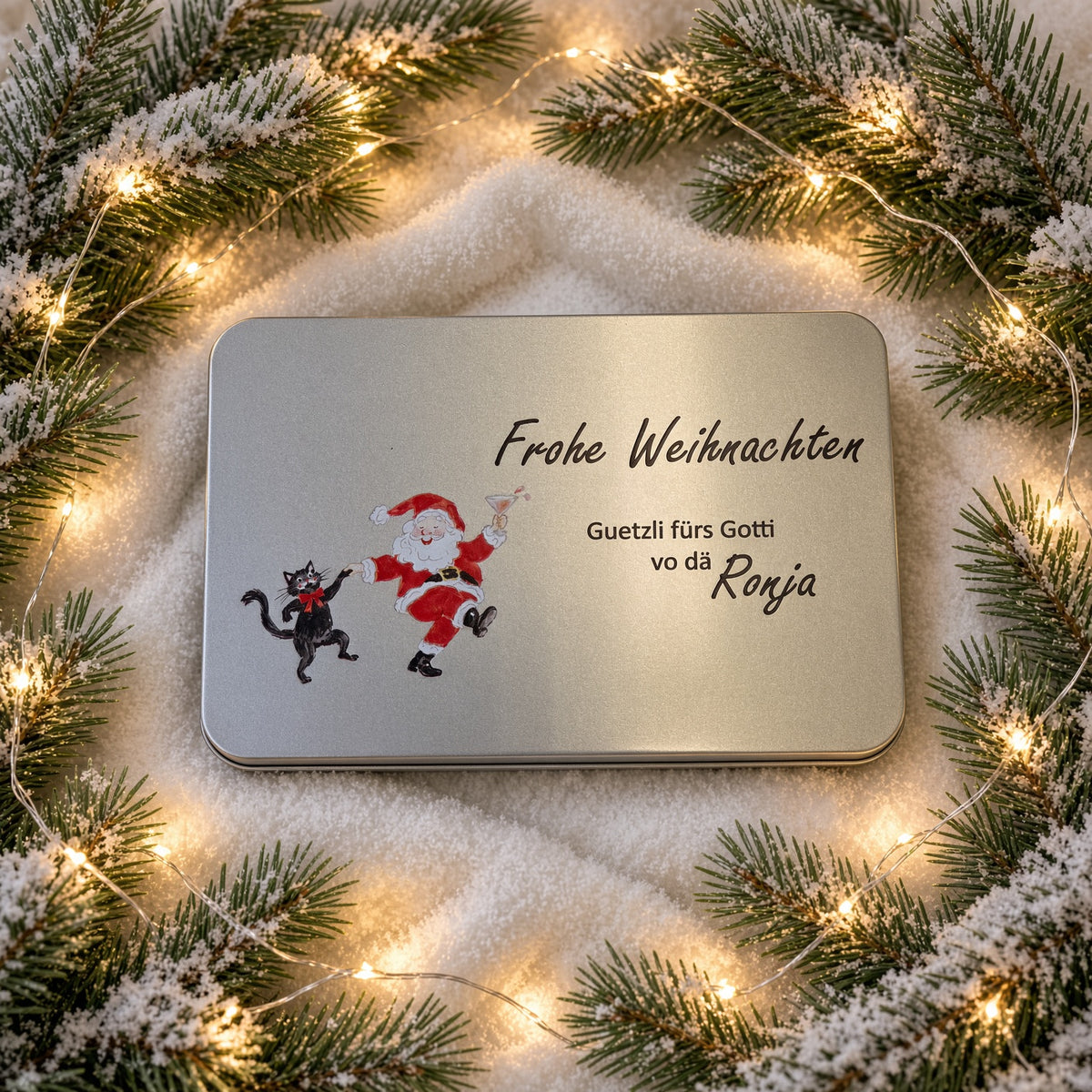 Guetzlidose «Frohe Weihnachten» Samichlaus – personalisiert für Götti & Gotti