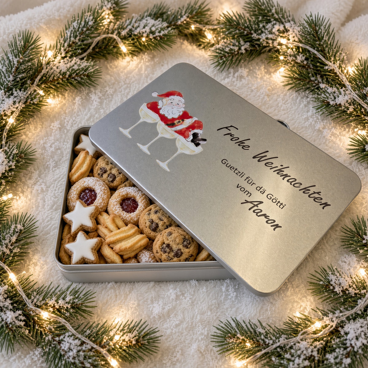 Guetzlidose «Frohe Weihnachten» Samichlaus – personalisiert für Götti & Gotti