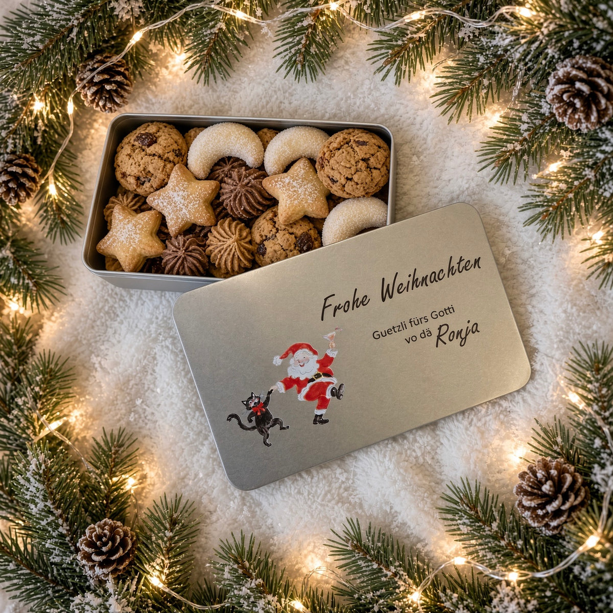 Guetzlidose «Frohe Weihnachten» Samichlaus – personalisiert für Götti & Gotti