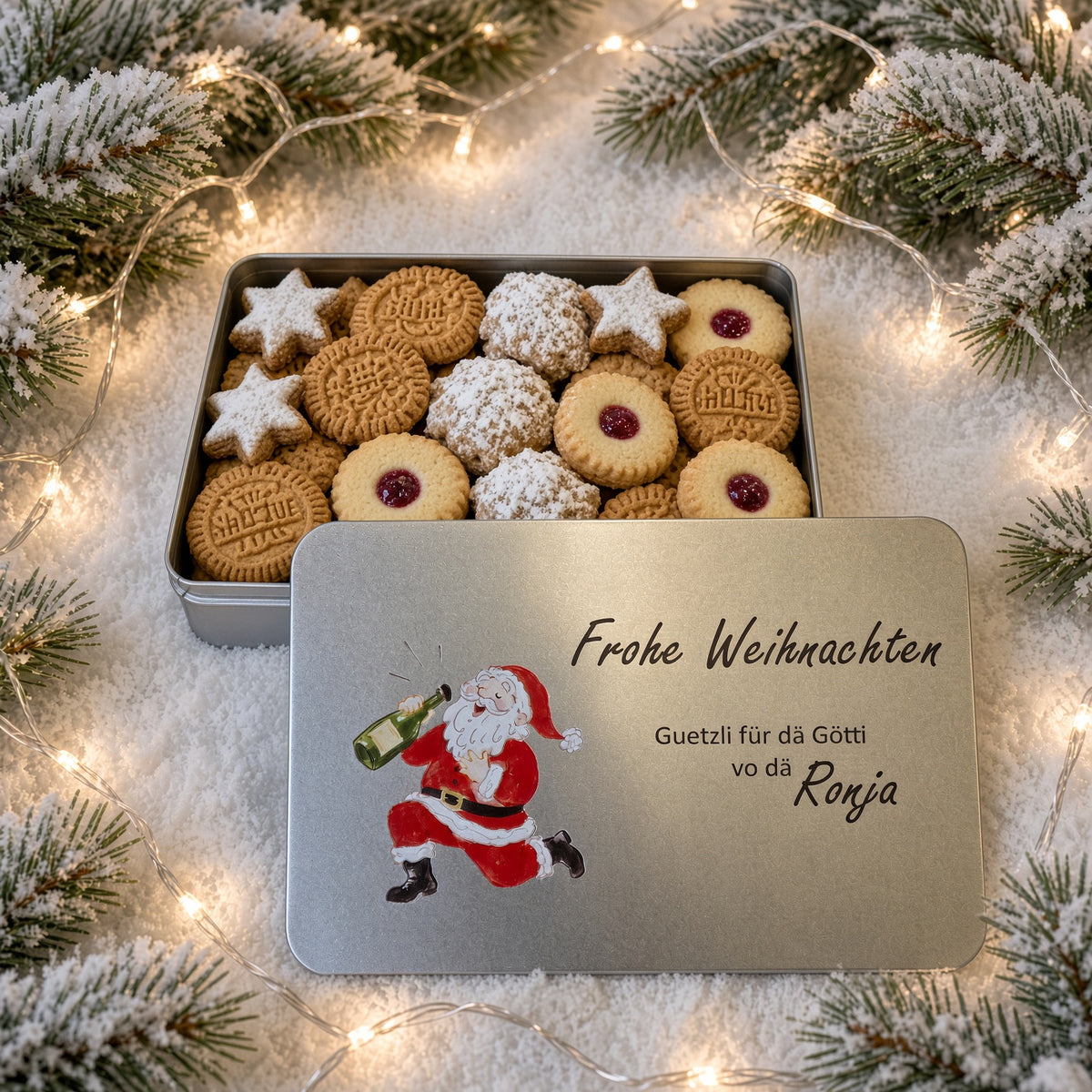 Guetzlidose «Frohe Weihnachten» Samichlaus – personalisiert für Götti & Gotti