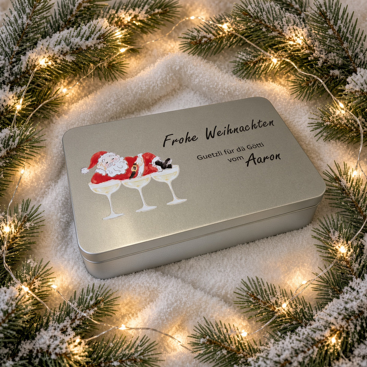 Guetzlidose «Frohe Weihnachten» Samichlaus – personalisiert für Götti & Gotti