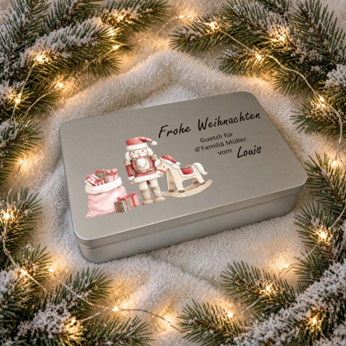 Guetzlidose «Frohe Weihnachten» Weihnachtsmotiv – personalisiert für Götti & Gotti