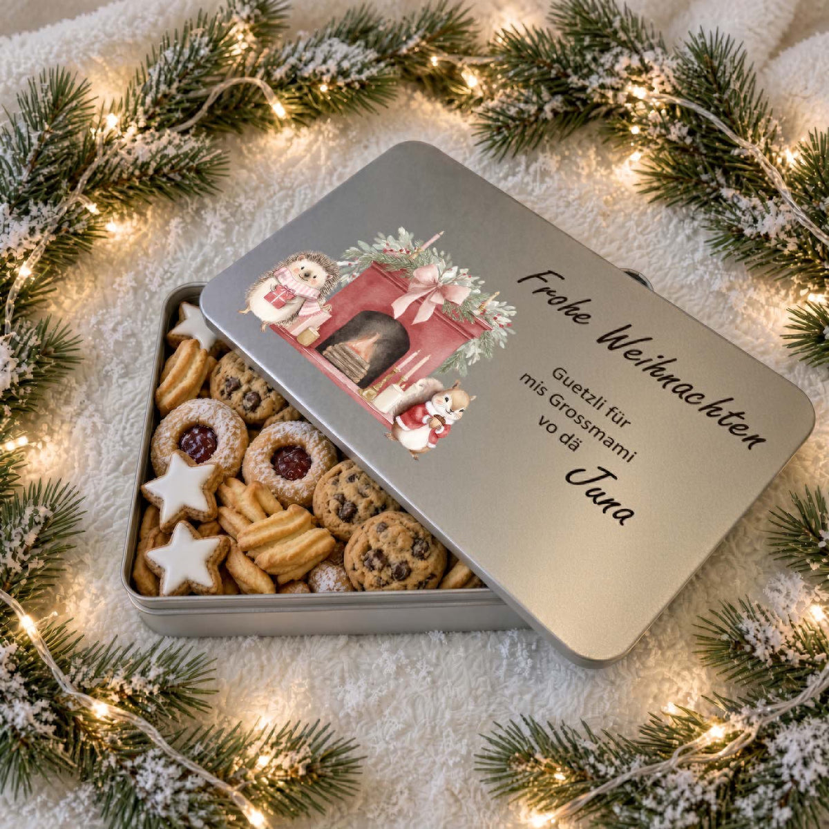 Guetzlidose «Frohe Weihnachten» Weihnachtsmotiv – personalisiert für Götti & Gotti