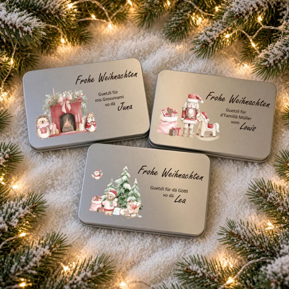 Guetzlidose «Frohe Weihnachten» Weihnachtsmotiv – personalisiert für Götti & Gotti