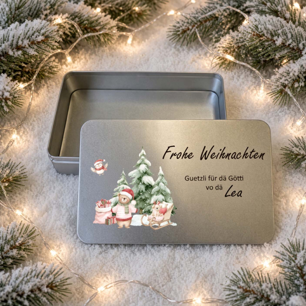 Guetzlidose «Frohe Weihnachten» Weihnachtsmotiv – personalisiert für Götti & Gotti